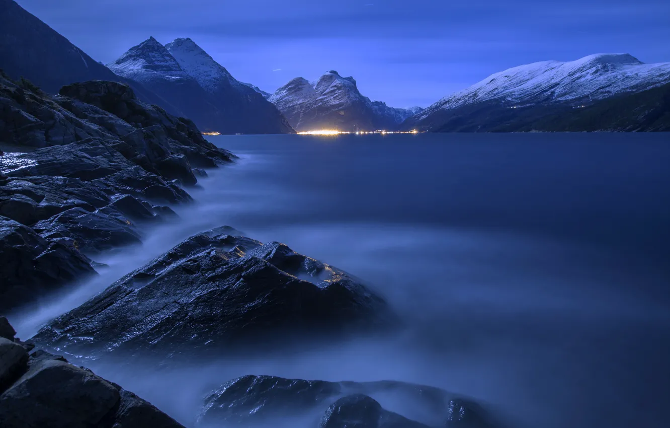 Photo wallpaper water, night, lights, fog, stones, rocks, pond