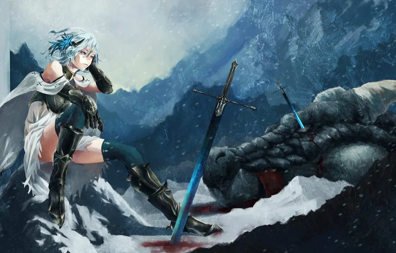 Photo wallpaper snow, Anime, swords, fetti