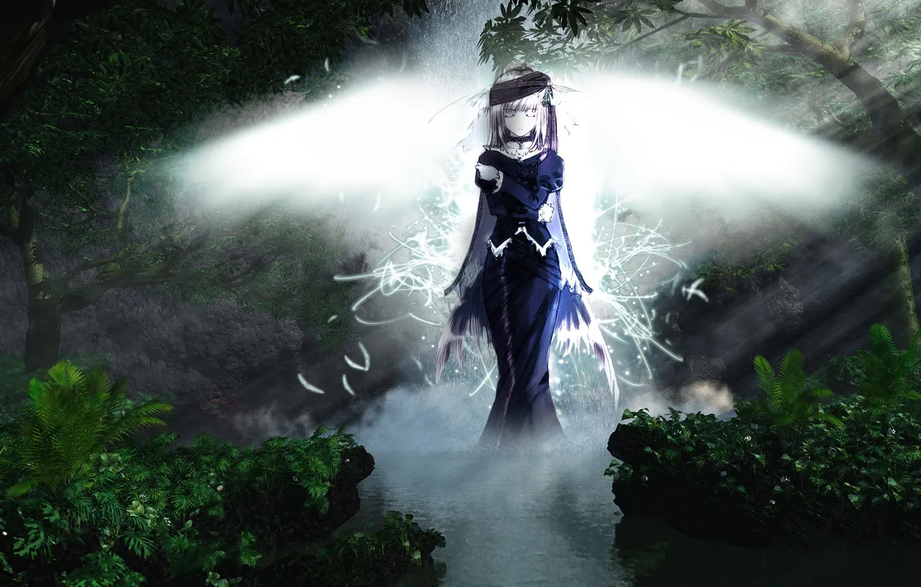 Photo wallpaper forest, girl, angel, anime