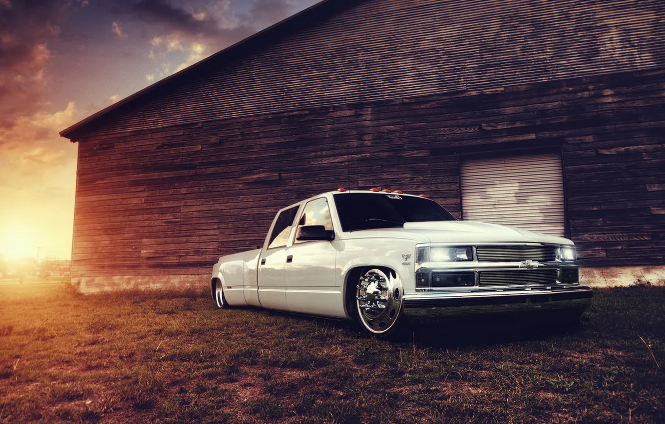 Photo wallpaper white, tuning, building, Chevrolet, pickup