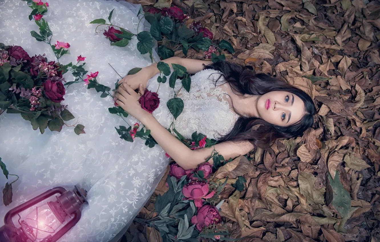 Photo wallpaper girl, lamp, roses