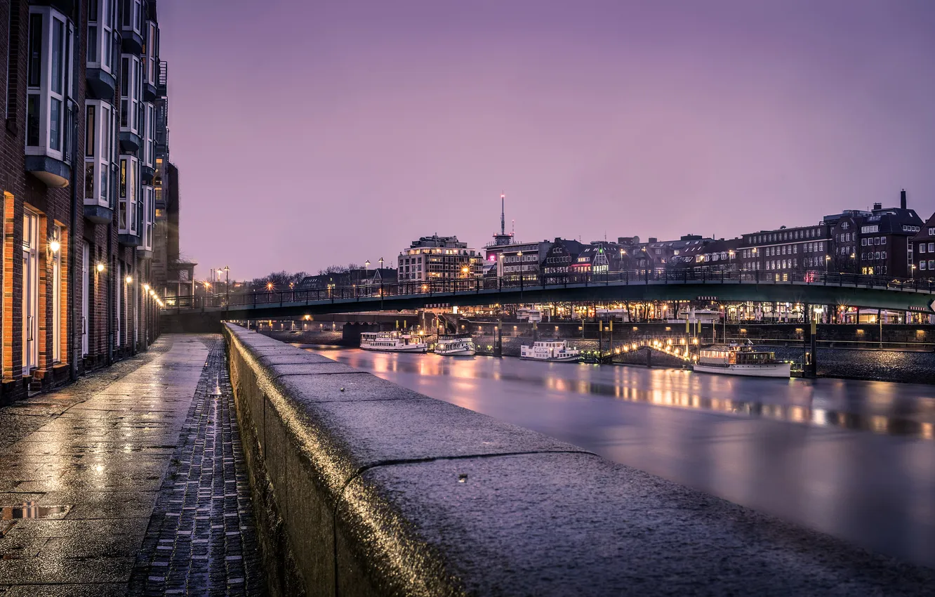 Photo wallpaper night, bridge, lights, river, home, Germany, boat, lights