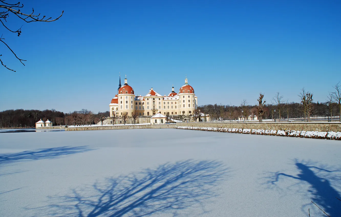 Photo wallpaper winter, the sky, snow, castle, Germany, Moritzburg