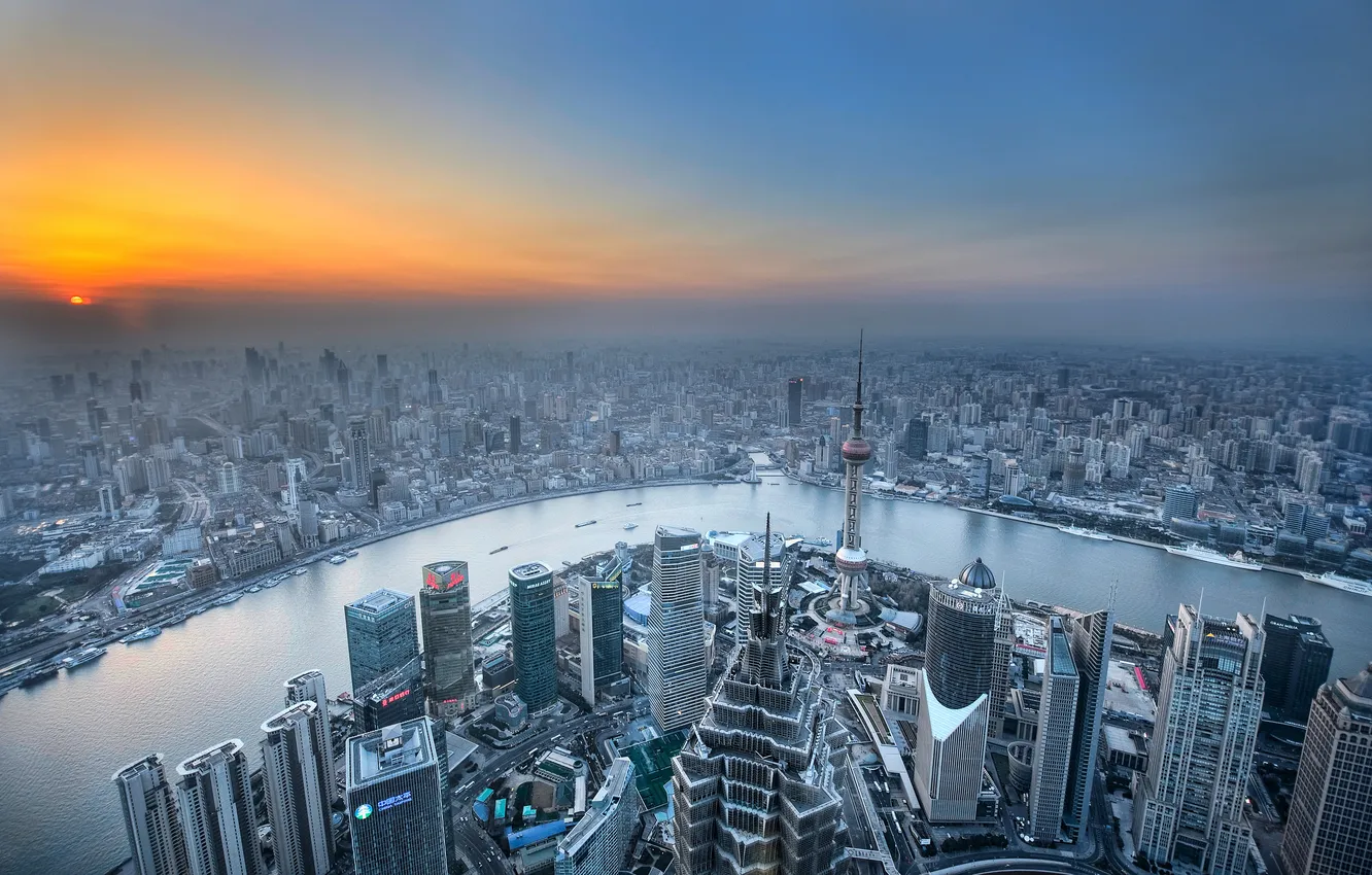 Photo wallpaper river, dawn, home, horizon, panorama, China, Shanghai, megapolis