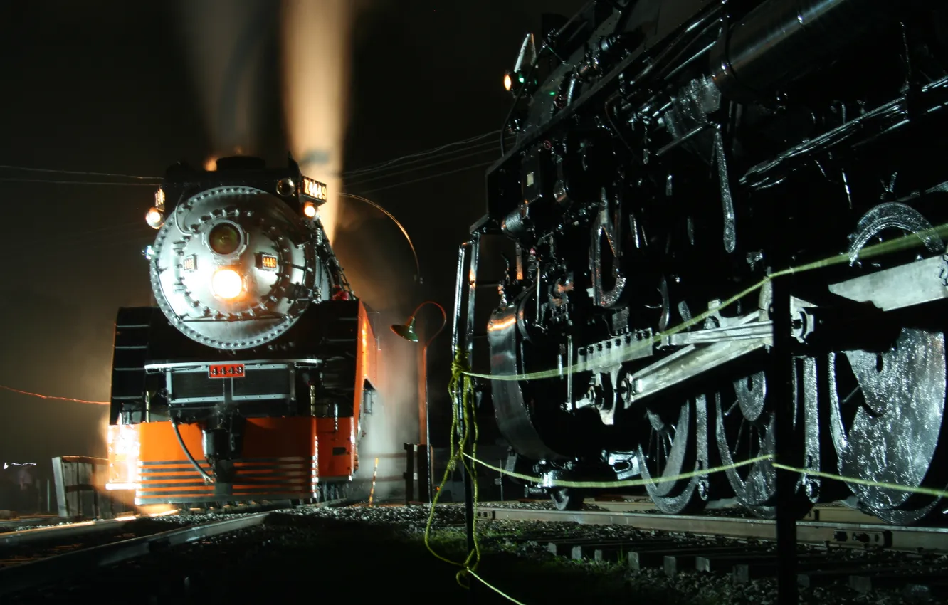 Photo wallpaper light, night, smoke, rails, the engine, Train, couples