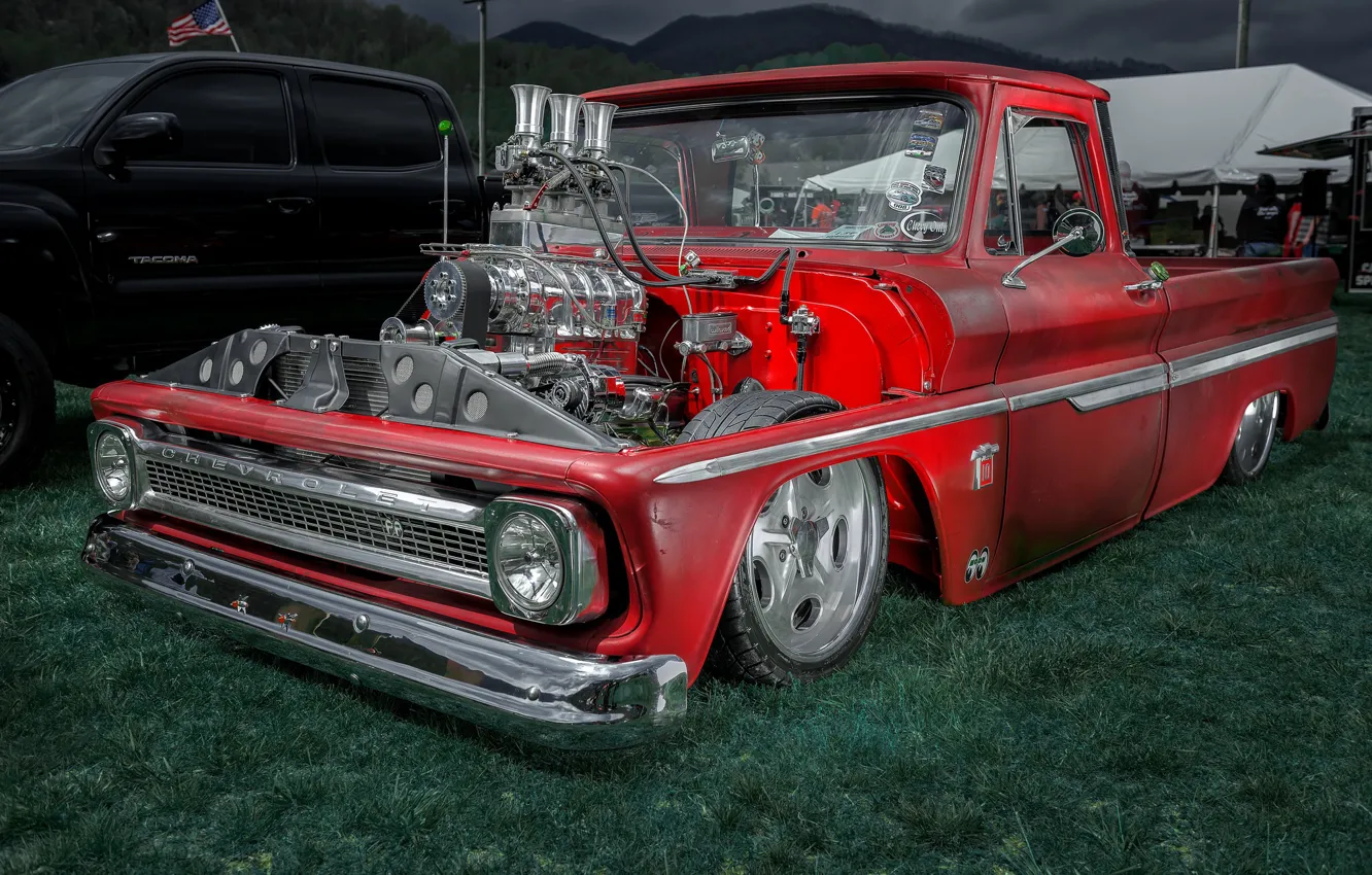 Photo wallpaper red, engine, Chevrolet, pickup, motor