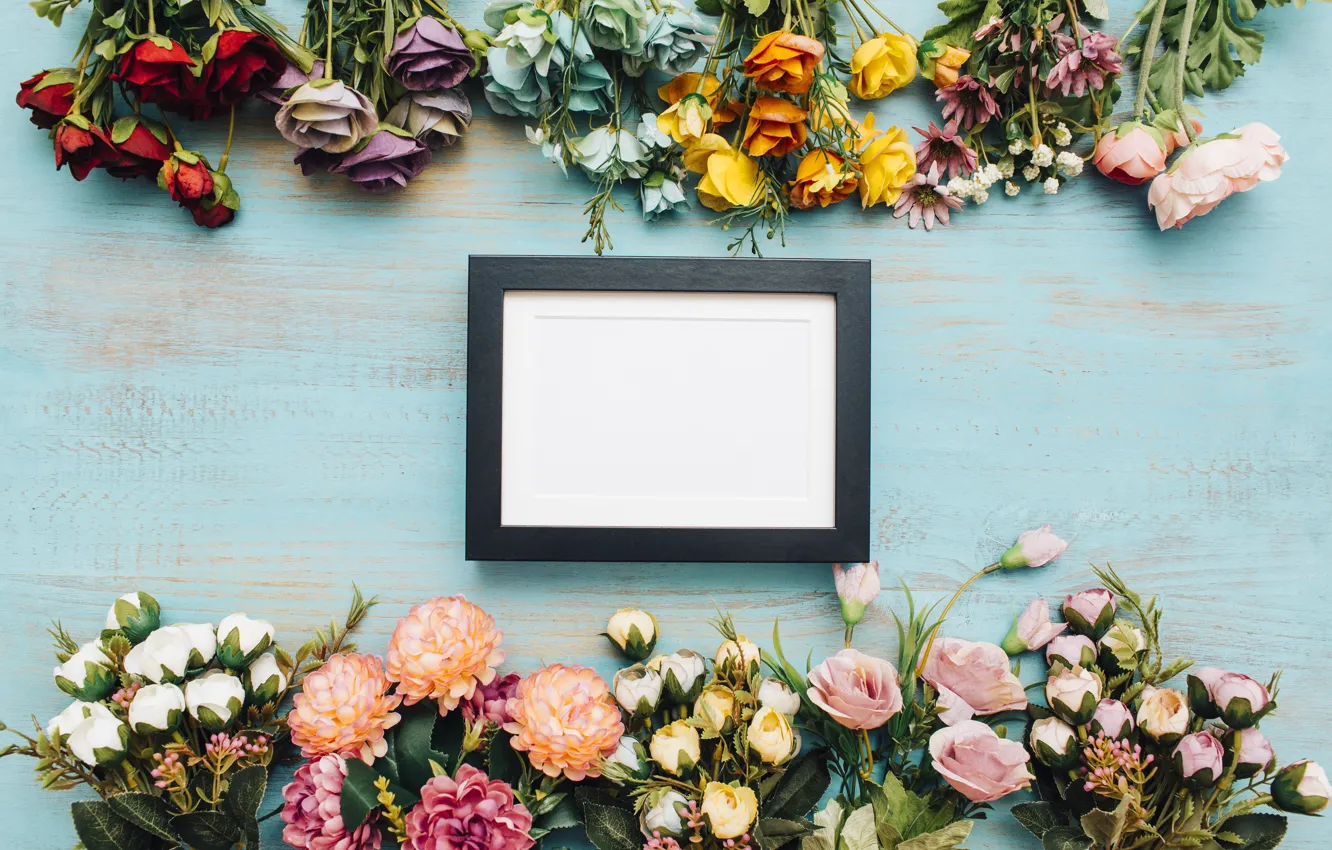 Photo wallpaper flowers, background, frame, colorful, wood, flowers, bright