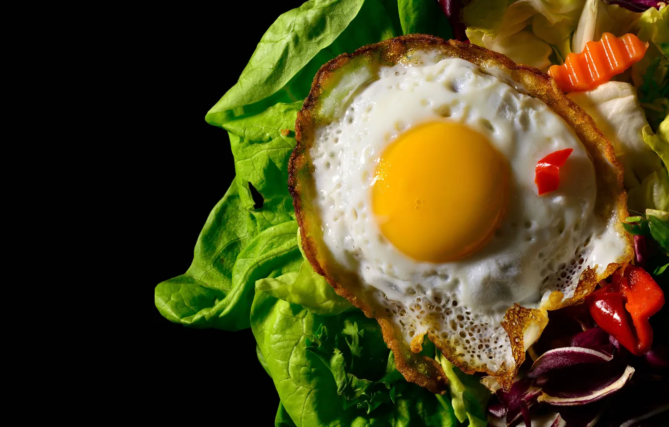 Photo wallpaper food, eggs, Breakfast, protein, black background, scrambled eggs, the yolk, vegetables