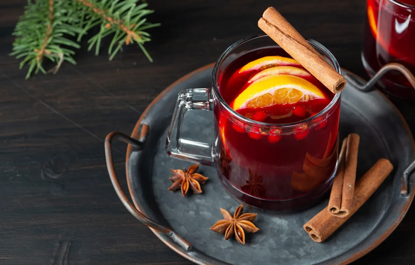 Photo wallpaper table, new year, Christmas, mug, drink, cinnamon, needles, tray