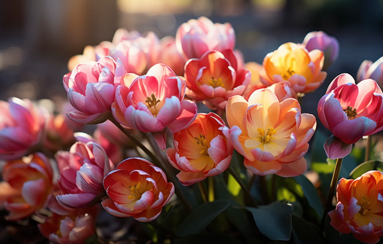 Photo wallpaper flowers, bouquet, spring, tulips, AI art, neural network