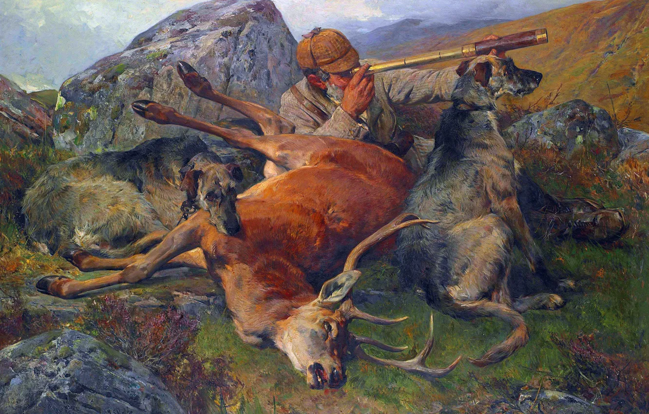 Photo wallpaper Picture, Deer, Dogs, Male, Hunter, The corpse, British animal artist, John Sargent Noble
