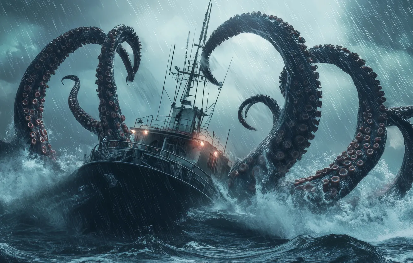 Photo wallpaper Sea, Wave, Ship, Rain, Clouds, The tentacles, Attack, Digital art