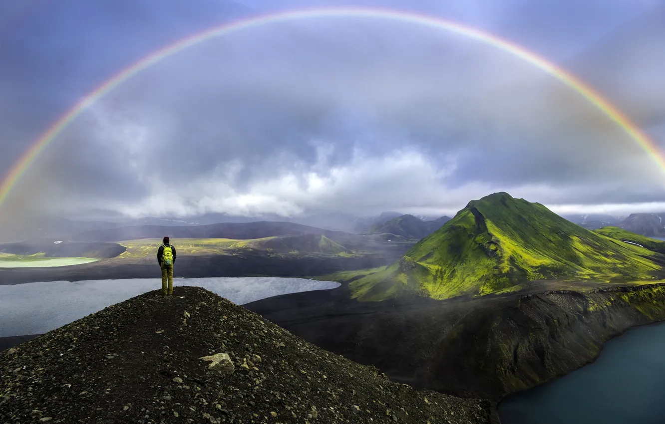 Photo wallpaper clouds, landscape, mountains, nature, fog, lake, rainbow, tourists