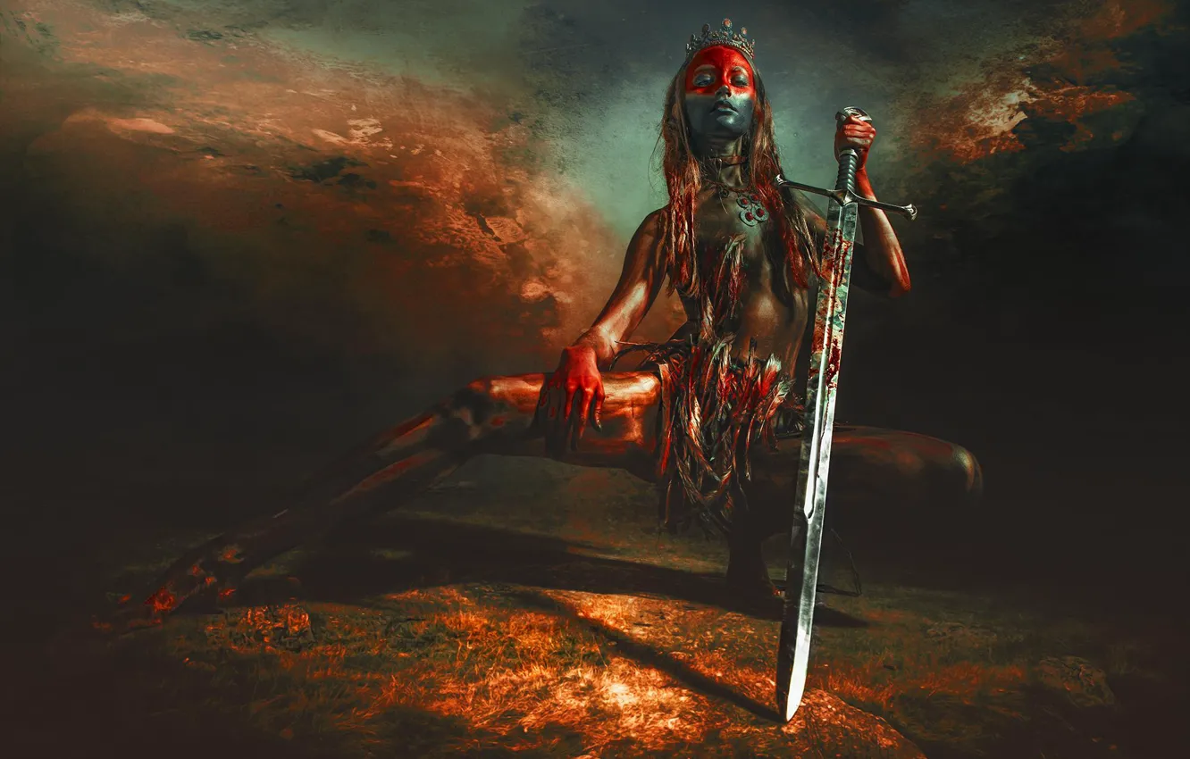 Photo wallpaper girl, pose, background, sword, feathers, crown, Diadema, paint