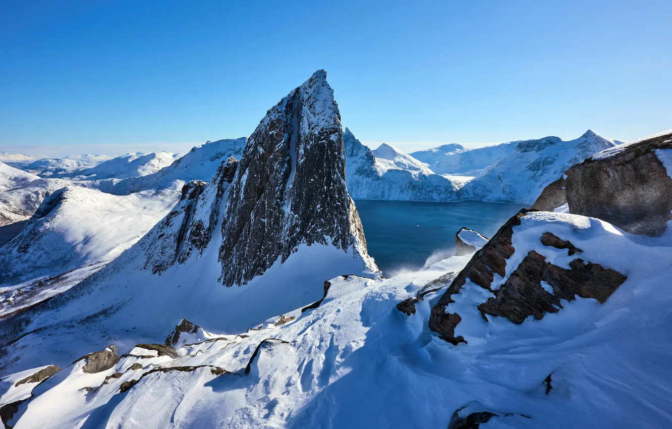 Photo wallpaper Norway, snowy mountains, peak, Norway, Snow mountains, Peak, Fjordgard, Lake Segla