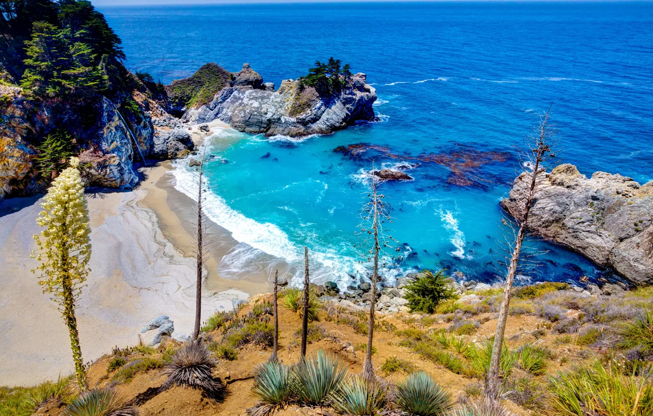 Photo wallpaper sand, stones, rocks, coast, waterfall, Bay, horizon, CA