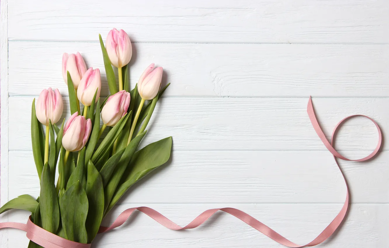 Photo wallpaper flowers, bouquet, tape, tulips, pink, wood, pink, flowers