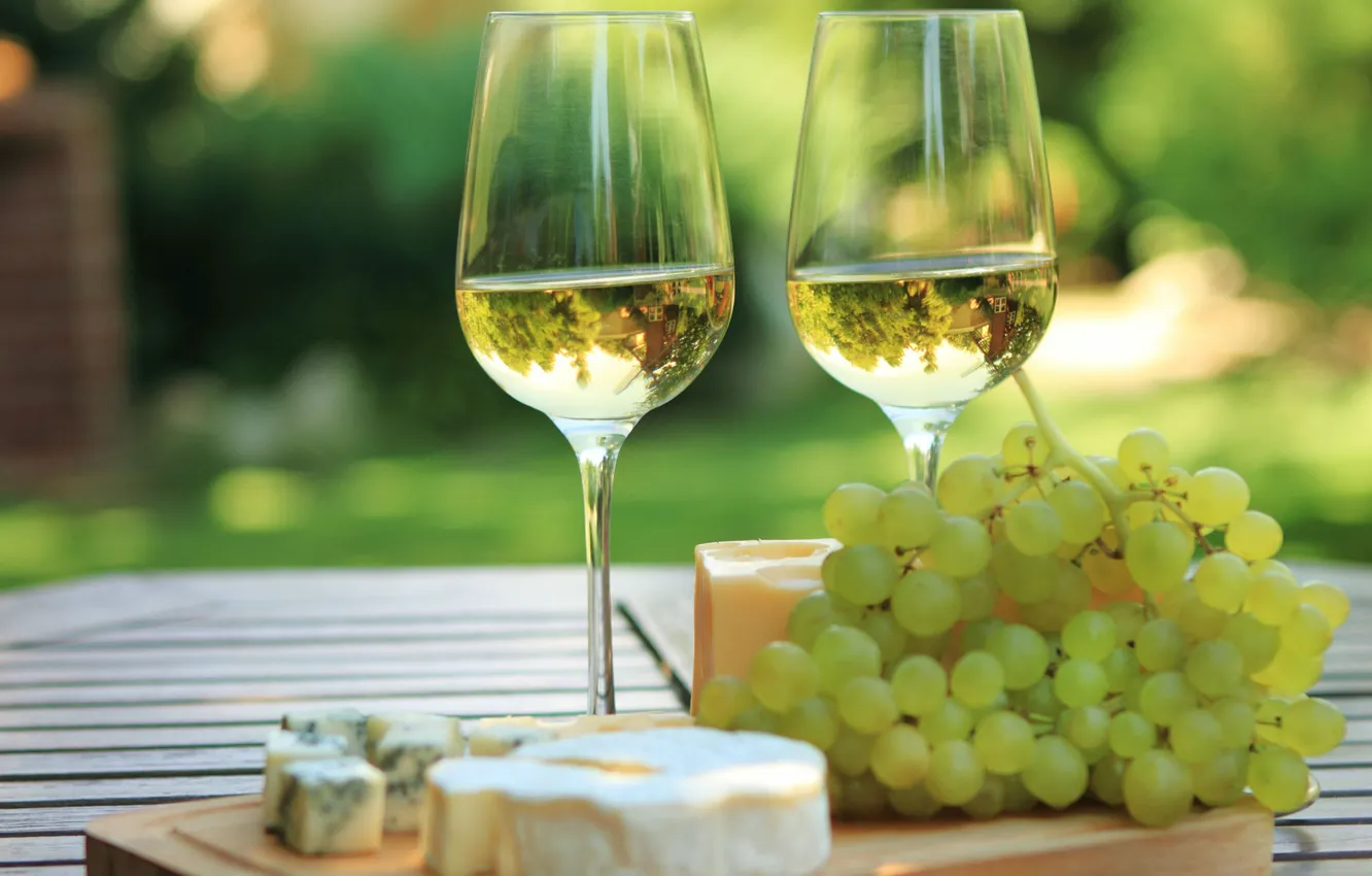 Photo wallpaper wine, glass, cheese, grapes