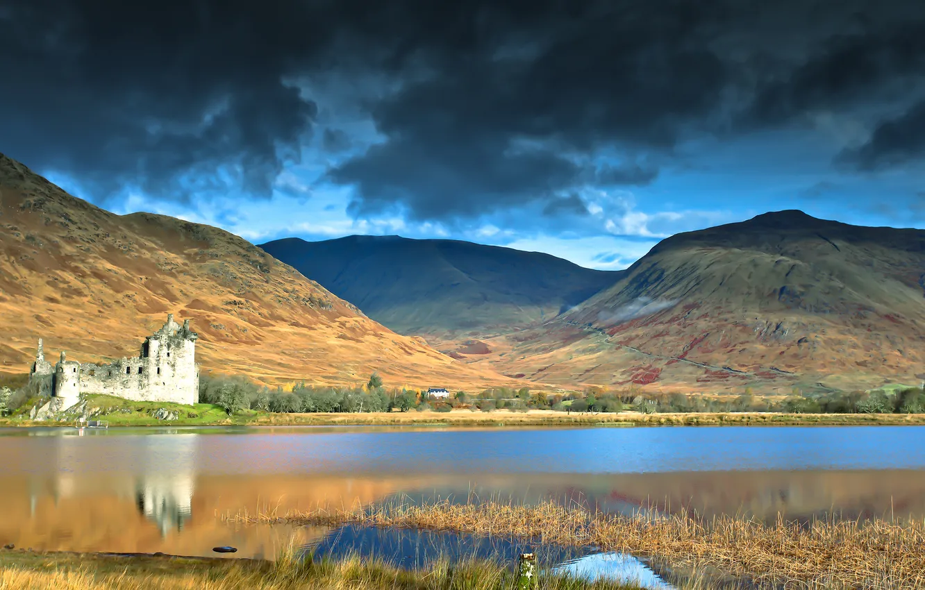 Photo wallpaper the sky, grass, light, mountains, clouds, reflection, blue, castle