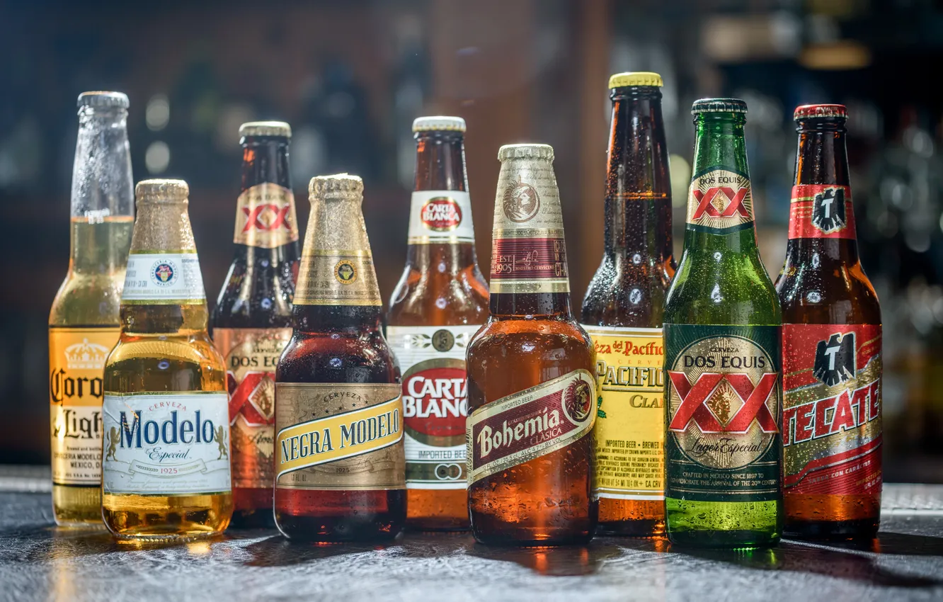 Photo wallpaper brown, beer, brand, bottles, alcohol, bohemia, condensation, beer
