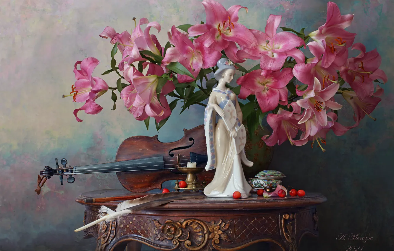 Photo wallpaper flowers, style, background, pen, violin, Lily, figurine, still life