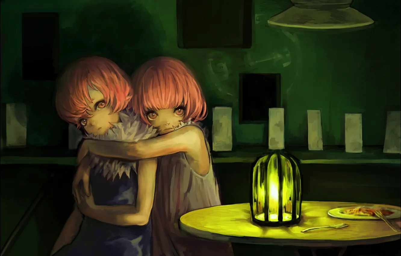 Photo wallpaper night, table, anime, sisters