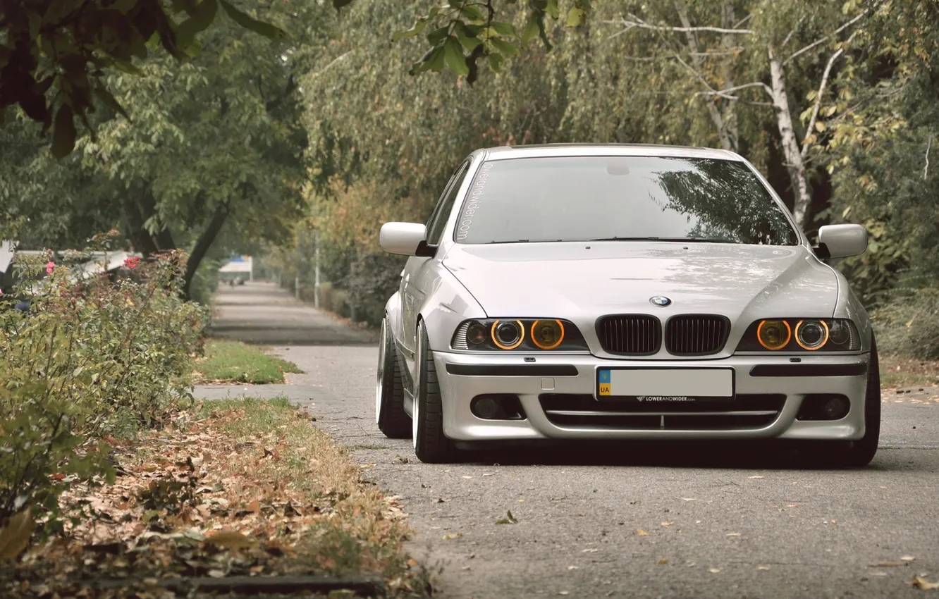 Photo wallpaper road, trees, lights, bmw, angel eyes, nation, silver, stance