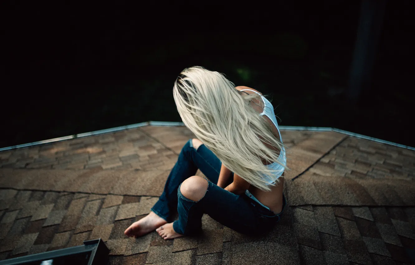Photo wallpaper girl, pose, jeans, blonde, sitting
