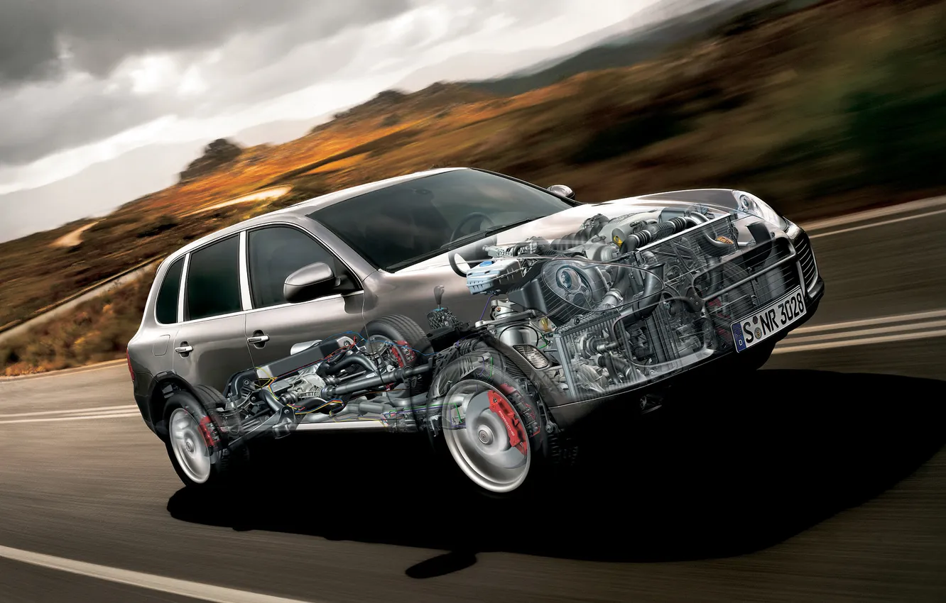 Photo wallpaper road, the sky, mechanism, Porsche, Turbo, Cayenne, inside