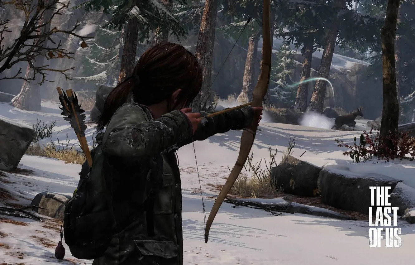 Photo wallpaper winter, forest, girl, snow, trees, weapons, deer, bow