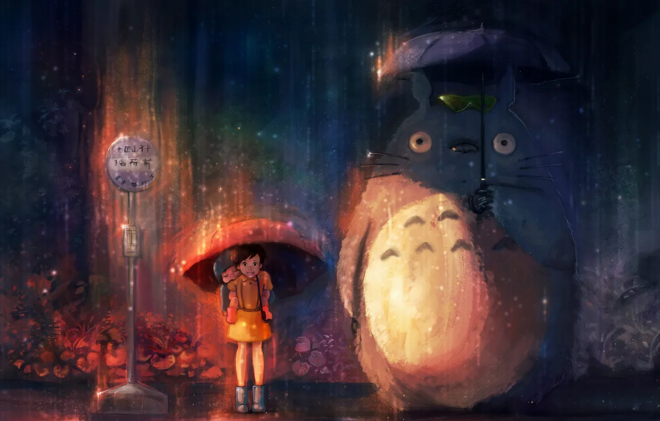 Photo wallpaper rain, umbrella, My neighbor Totoro, totoro, anime, Satsuki Kusakabe, Mei Kusakabe, My Neighbor Totoro
