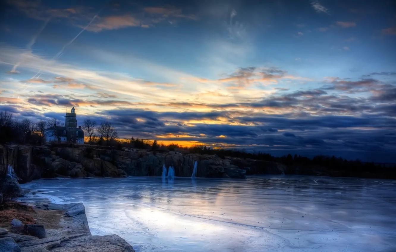Photo wallpaper ice, winter, the sky, trees, sunset, lake