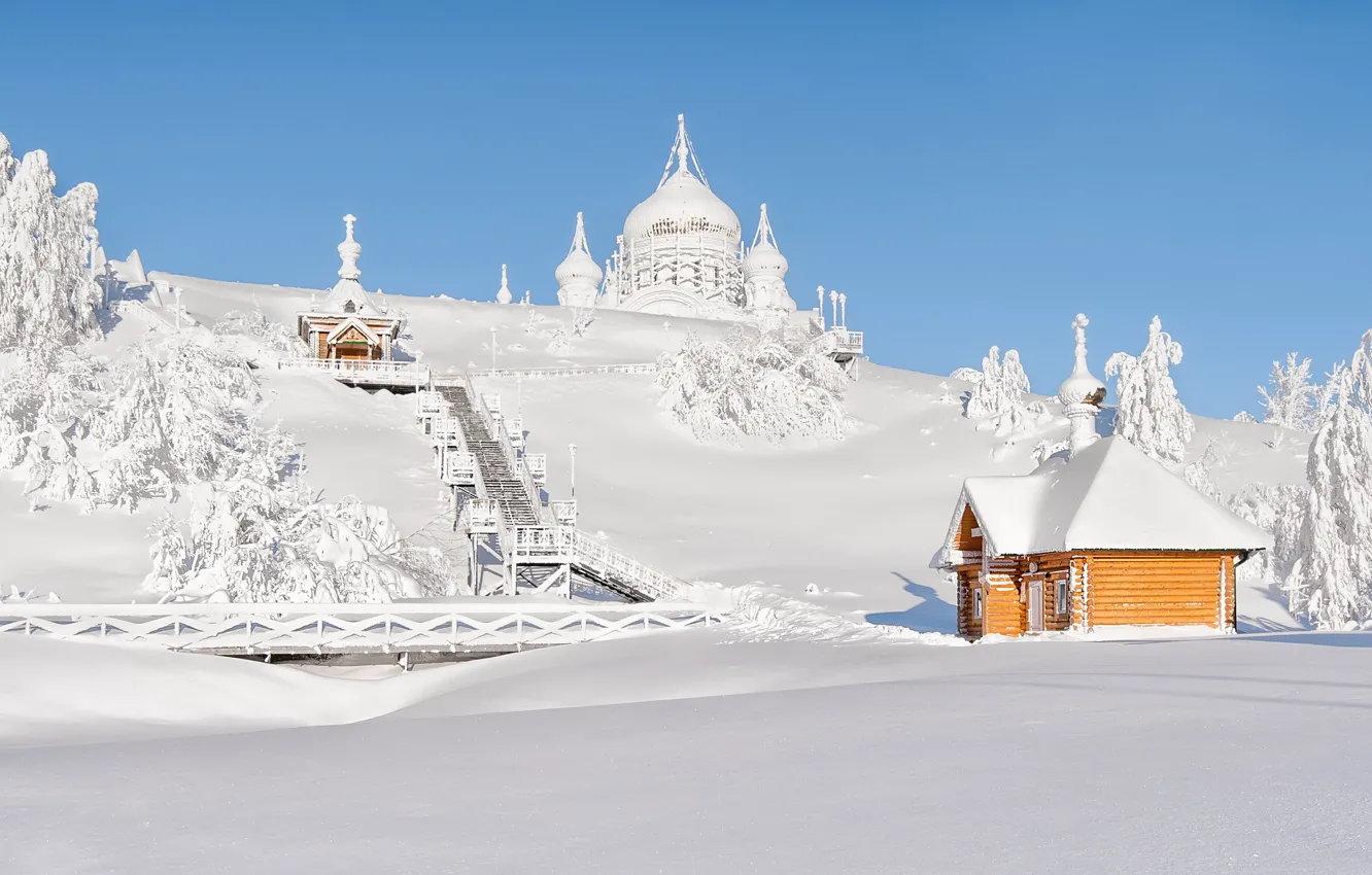 Photo wallpaper winter, snow, landscape, Belogorsky Saint Nikolaev monastery