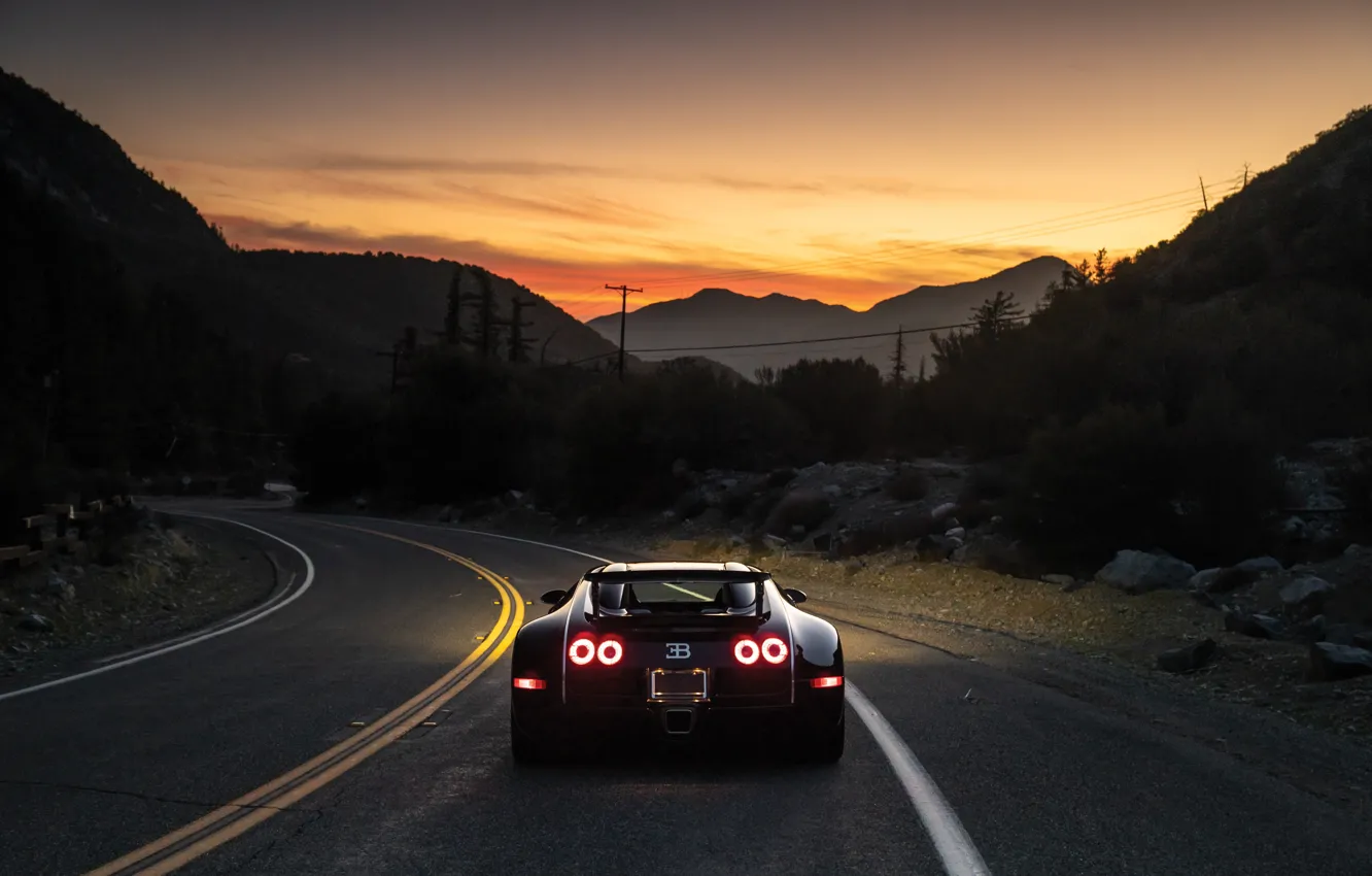 Photo wallpaper Bugatti, Veyron, Bugatti Veyron, road, sky, sunset, 16.4, Black Blood