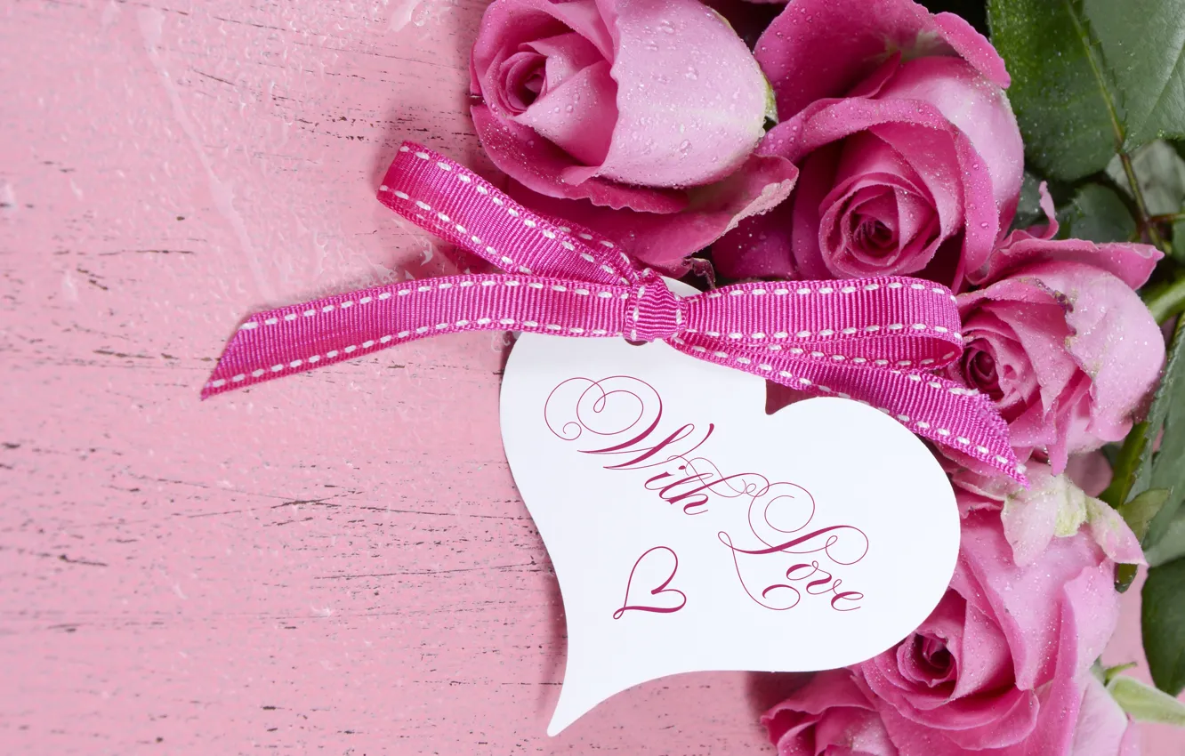 Photo wallpaper the inscription, roses, bouquet, hearts, bow