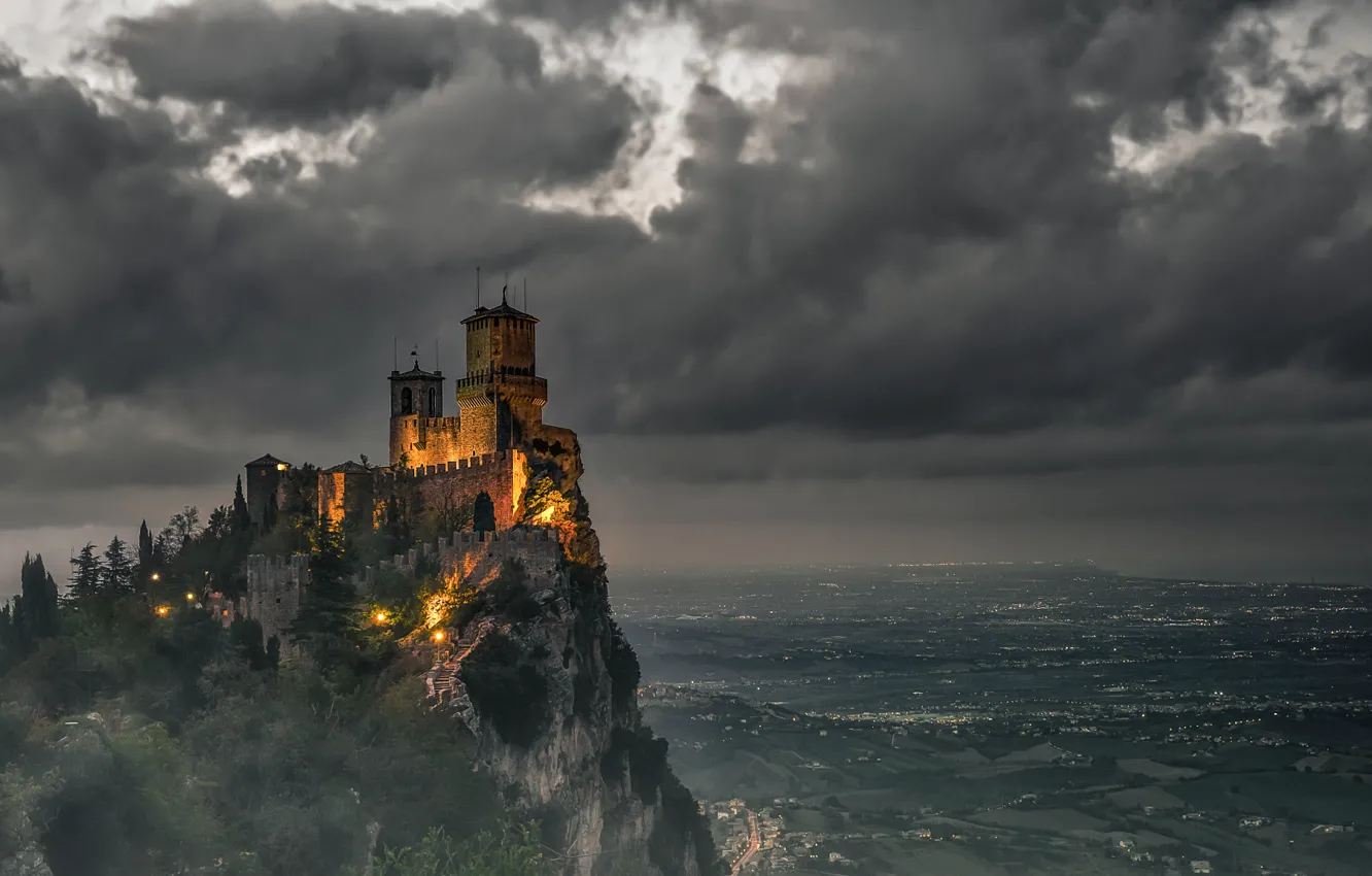 Photo wallpaper Landscape, Night, Castle, San Marino, Fujifilm, Fog, Daniele Rossi, Night photography