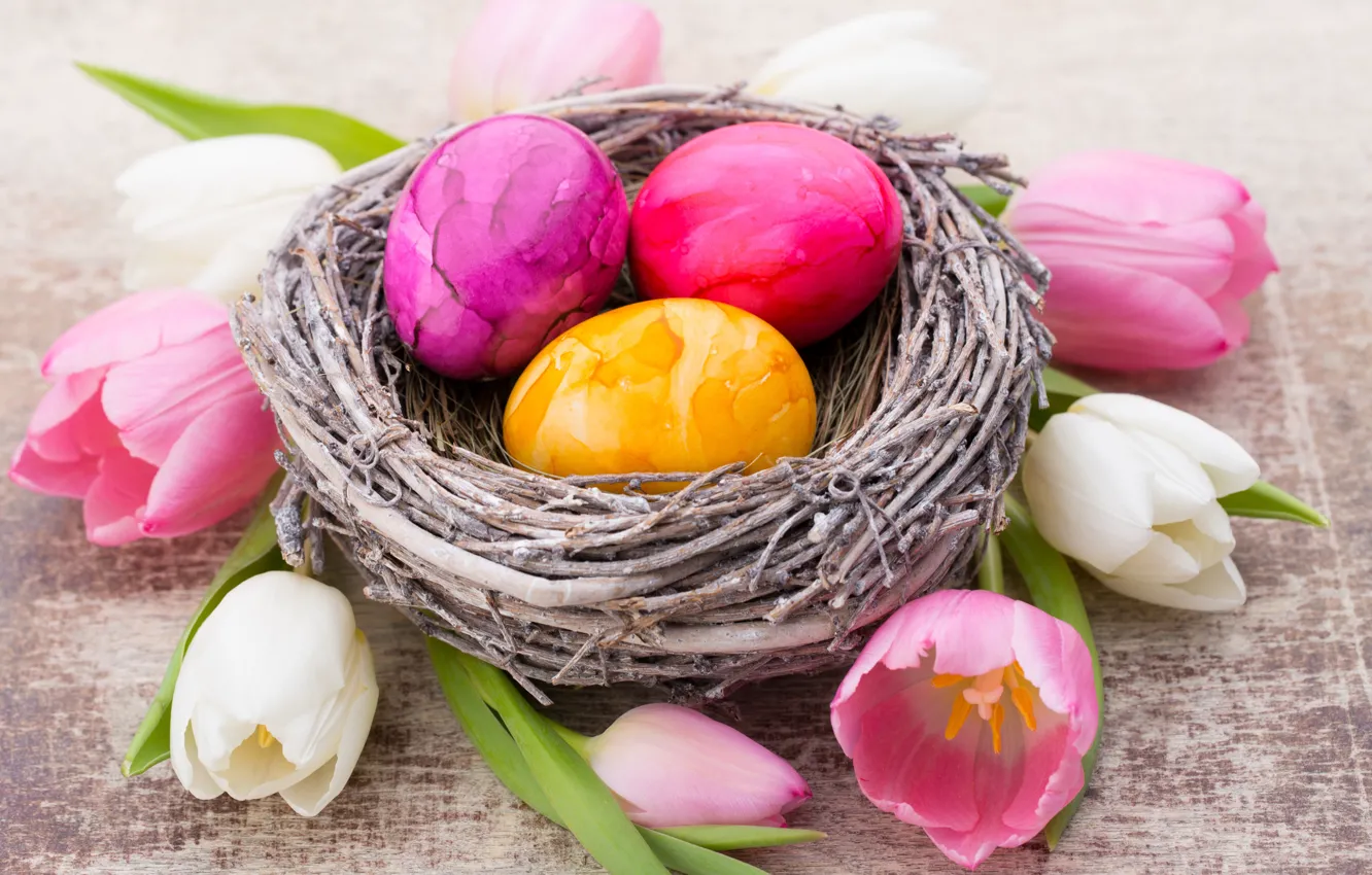 Photo wallpaper flowers, Easter, socket, tulips, basket, flowers, tulips, spring