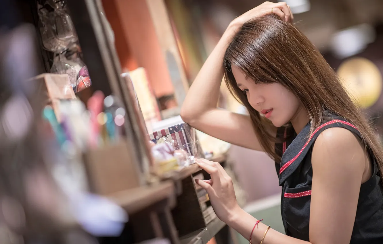 Photo wallpaper girl, book, Asian, cutie, bokeh