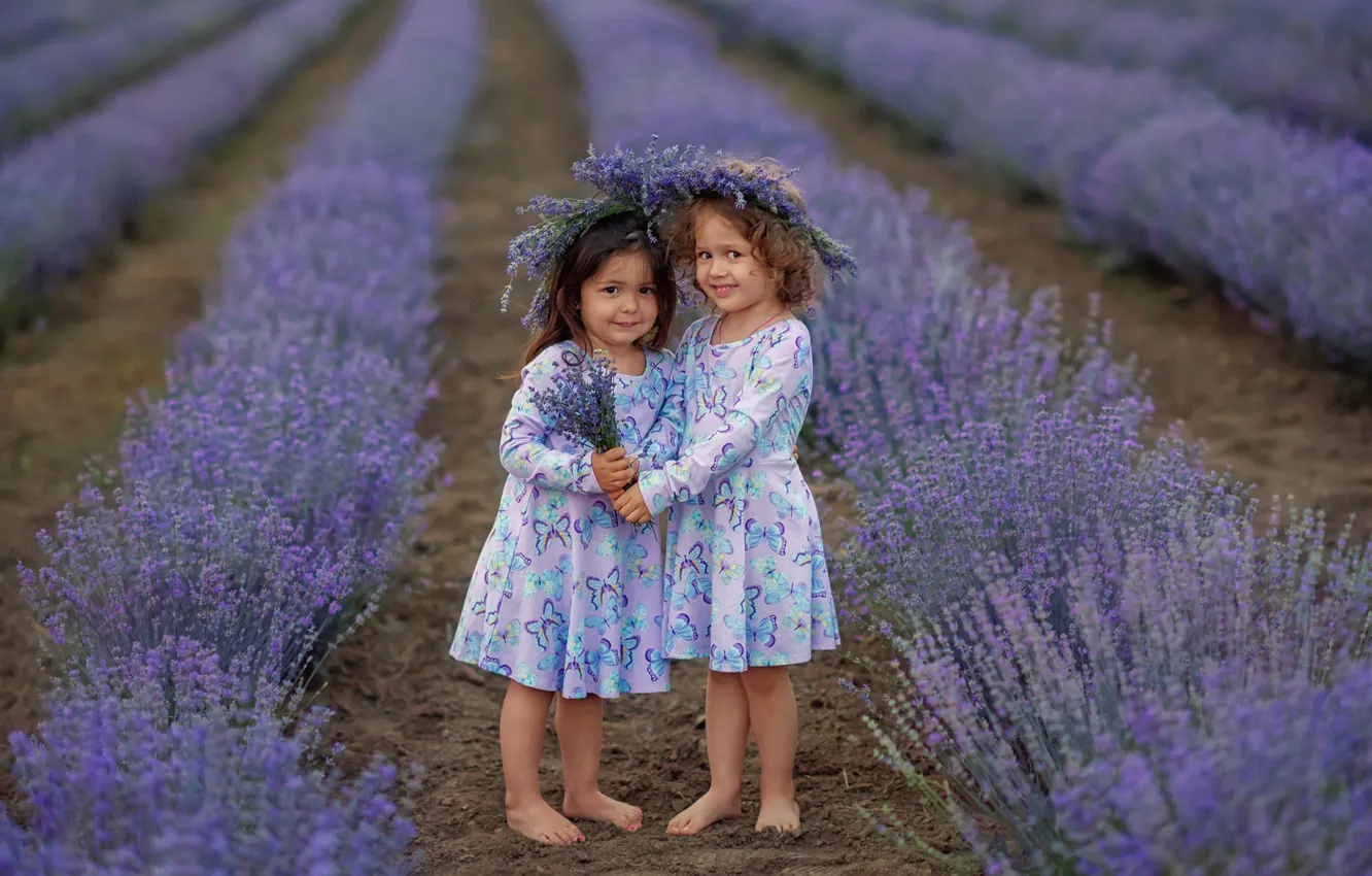 Photo wallpaper field, summer, nature, children, girls, a bunch, lavender, wreaths