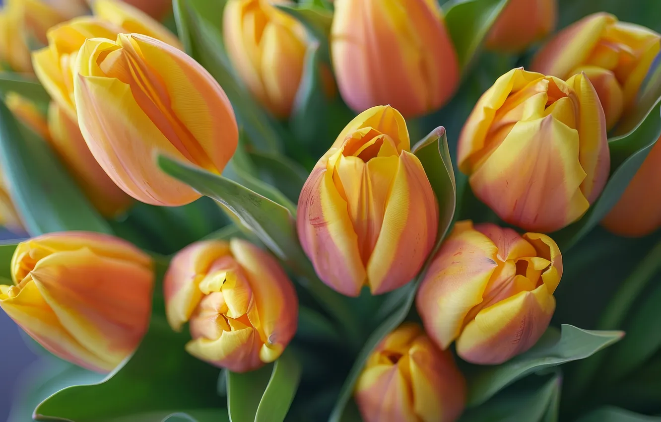 Photo wallpaper leaves, flowers, orange, yellow, bouquet, spring, tulips, buds