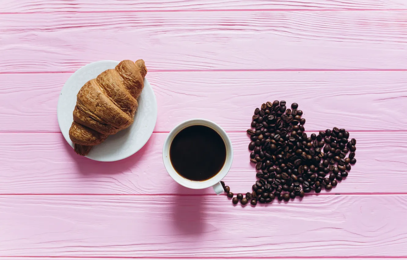 Photo wallpaper Coffee, Heart, Coffee beans, Croissant