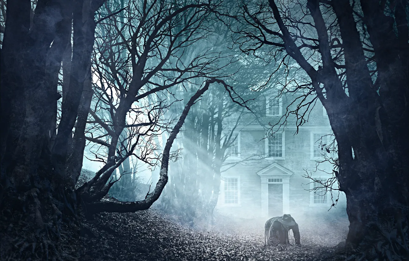 Photo wallpaper trees, fog, building, man, Lovecraft's The Thing in the Doorstep