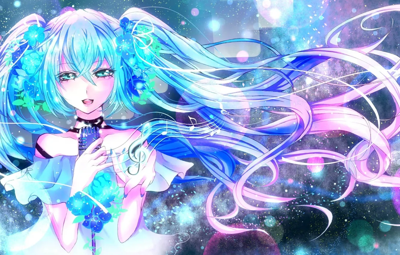 Photo wallpaper girl, blue hair, Miku, sings