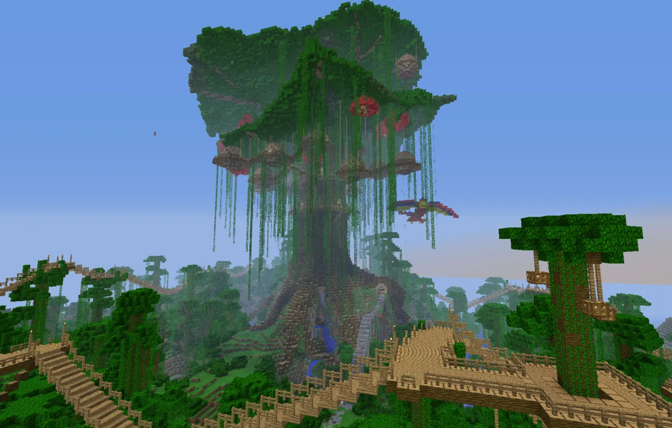 Photo wallpaper forest, the sky, trees, bridge, home, jungle, jungle, minecraft