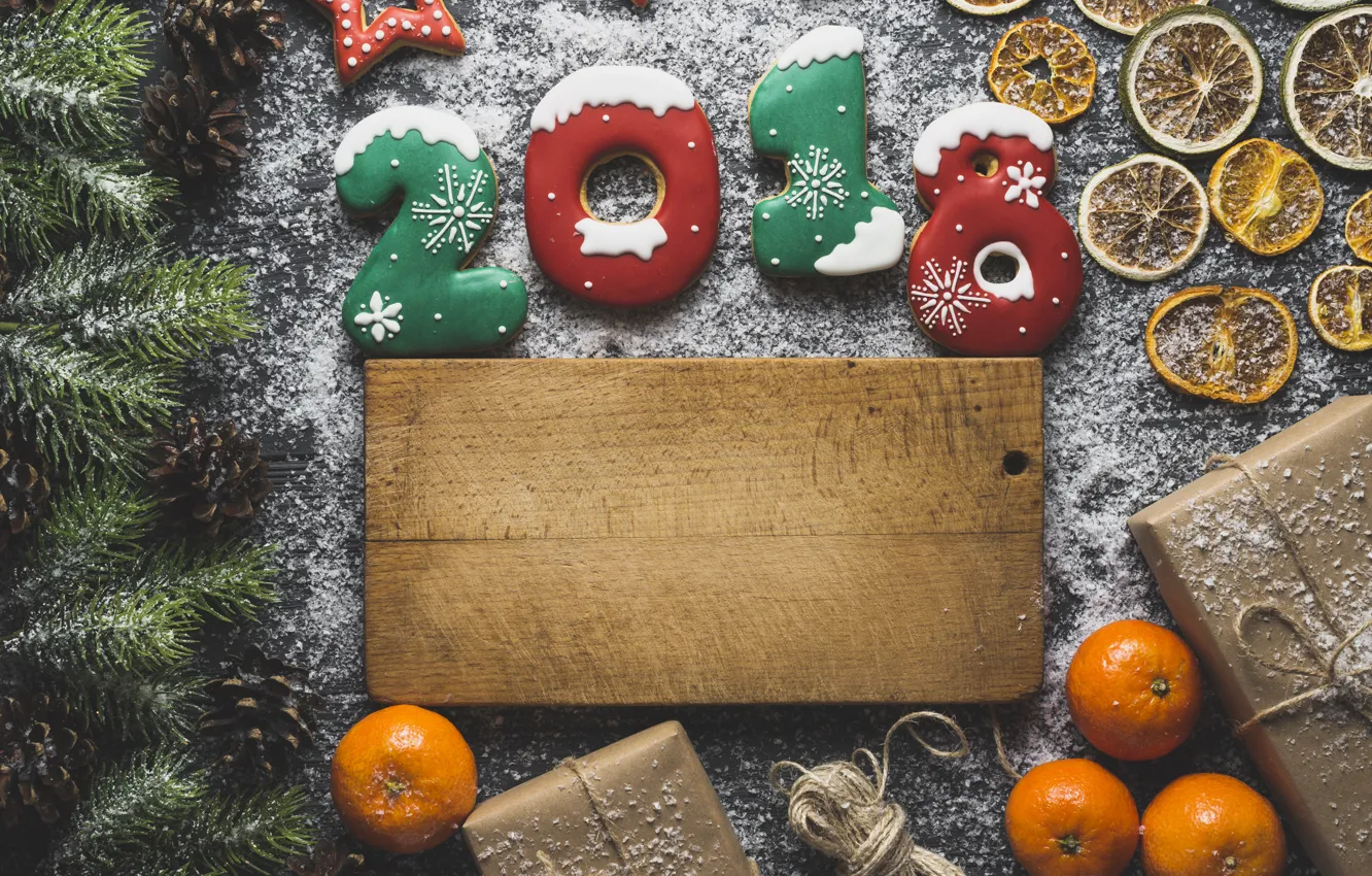 Photo wallpaper new year, spruce, cookies, citrus, flour, Mandarin