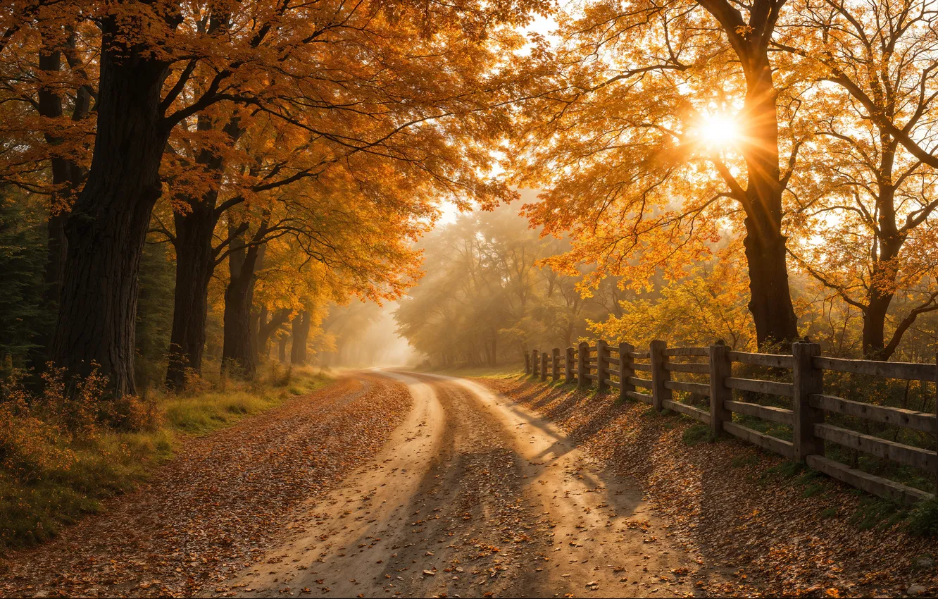 Photo wallpaper road, autumn, forest, the sun, rays, light, trees, branches