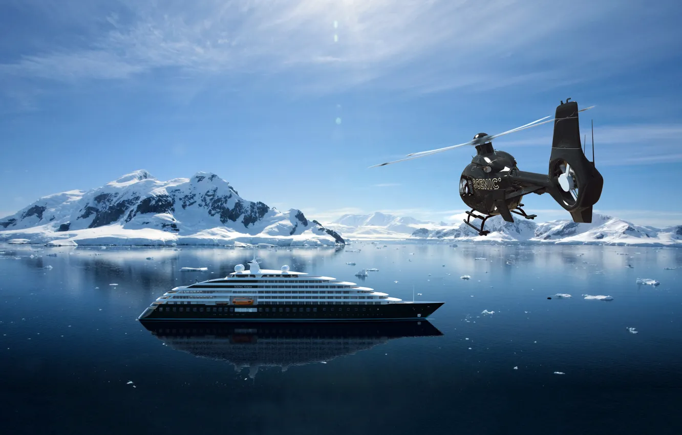 Photo wallpaper Winter, The ocean, Sea, Mountains, Yacht, Helicopter, Antarctica, The ship
