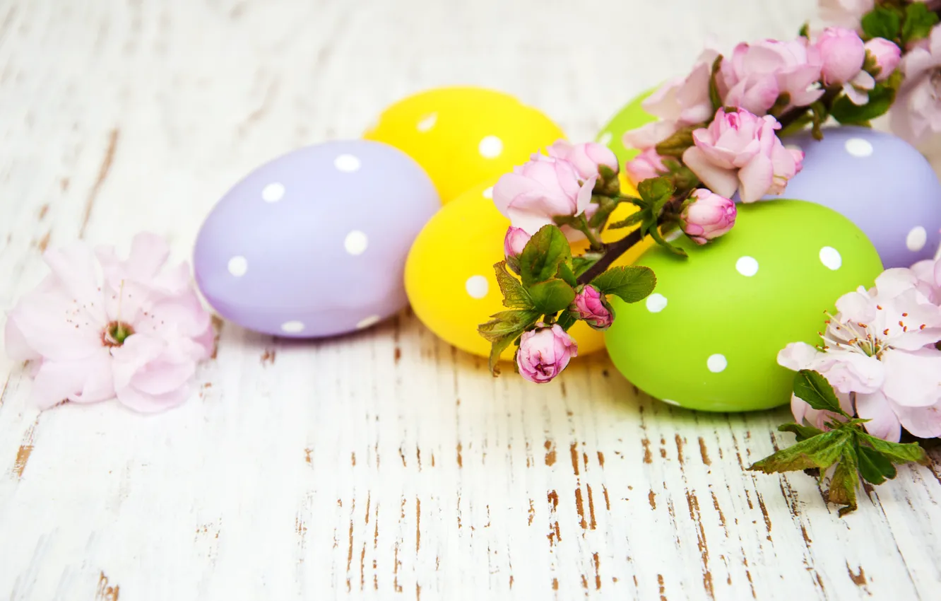 Photo wallpaper flowers, eggs, spring, colorful, Easter, happy, wood, pink
