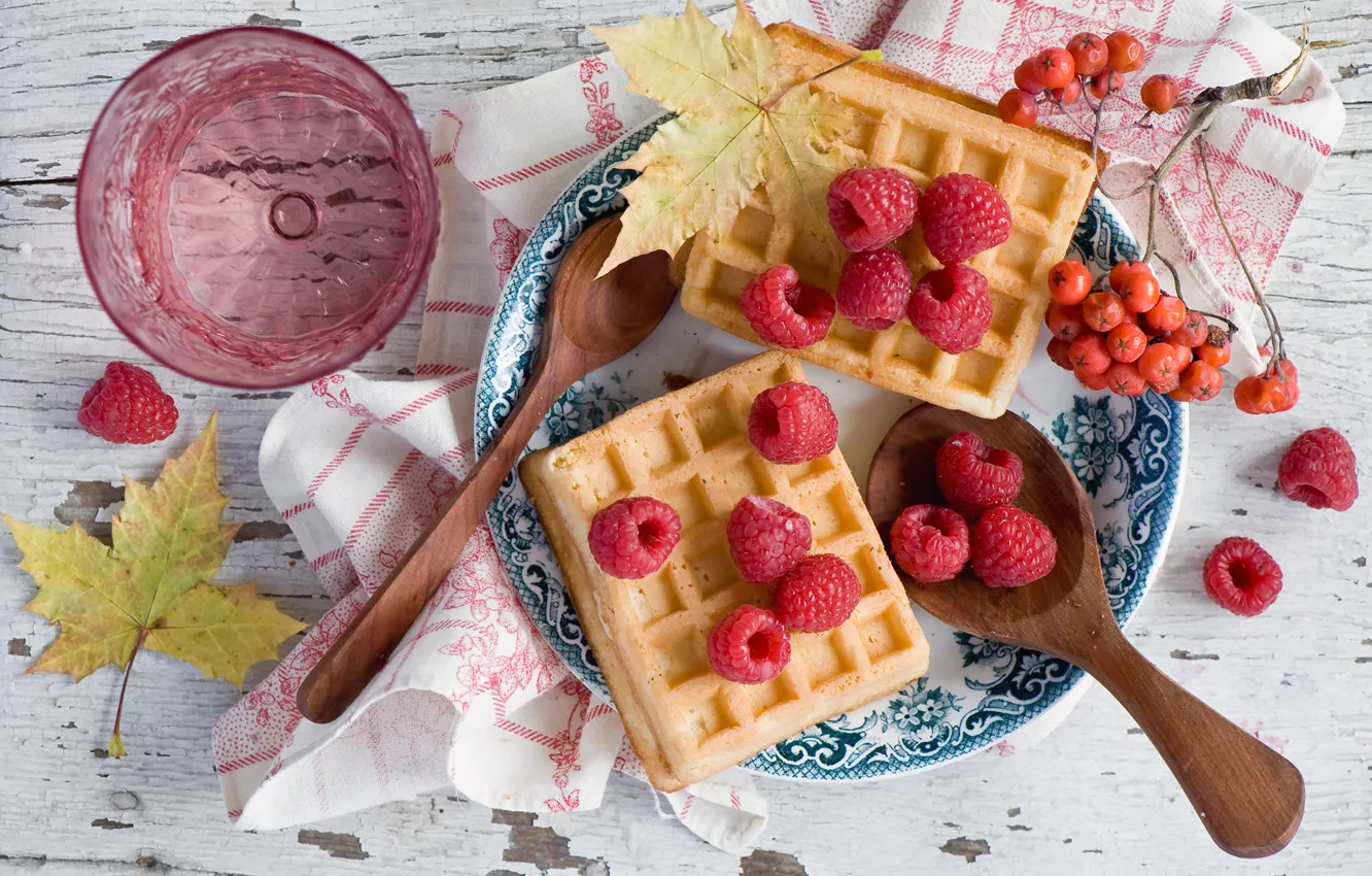 Photo wallpaper leaves, berries, raspberry, dessert, waffles, Rowan, spoon