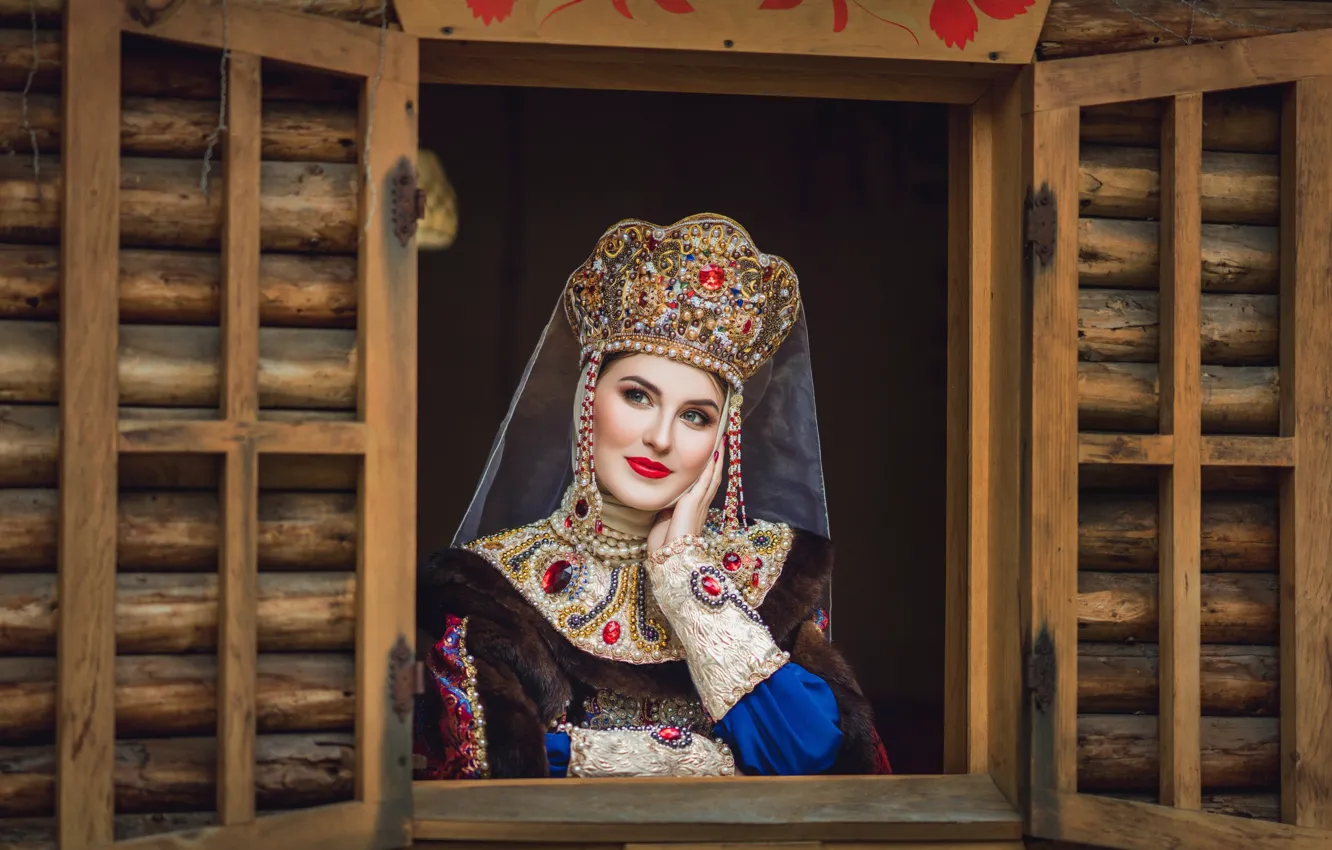 Photo wallpaper look, girl, decoration, face, smile, portrait, home, makeup